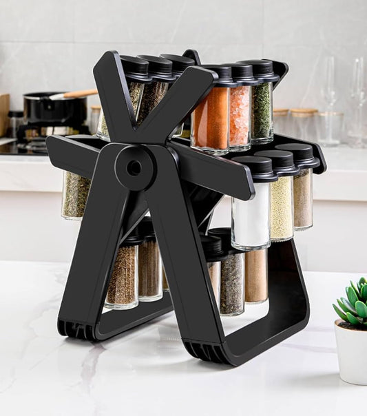 “360° Rotating Spice Rack Organizer with 16 Transparent Jars for Kitchen Storage”